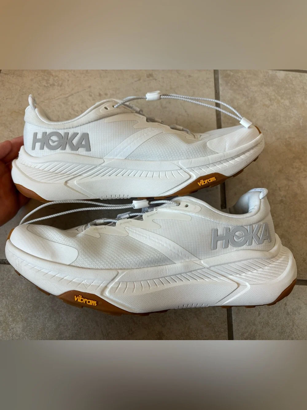Hoka Transport White and Tan Athletic Sneakers